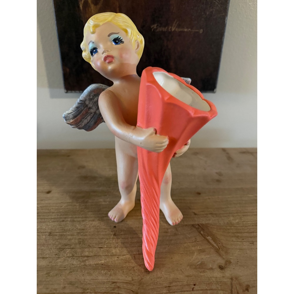 Vintage Ceramic Angel Cherub Figurine Coral Pink Cornucopia Bud Vase Kitsch Deco